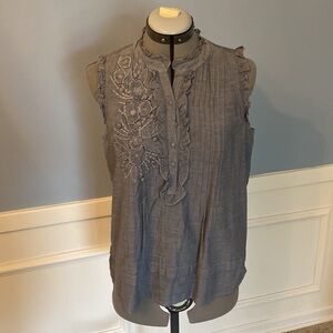 Loft Sleeveless Floral Embellished Cotton Blouse - Gray, Size Small